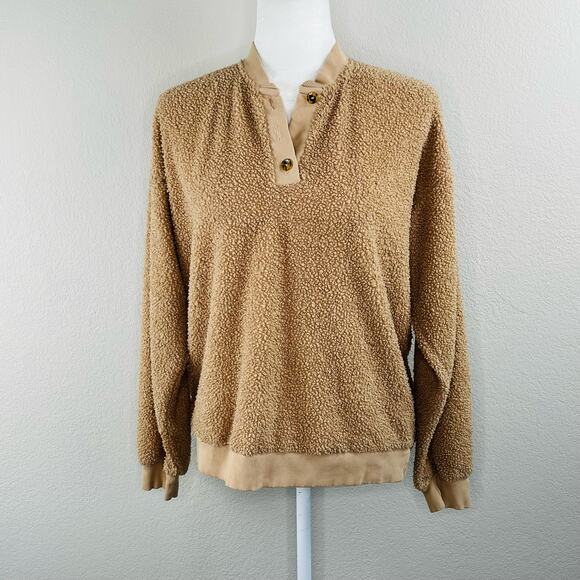 Donni Camel Tan Sherpa Long Sleeve Henley Oversized Pullover Sweatshirt SM/MD - Picture 13 of 14